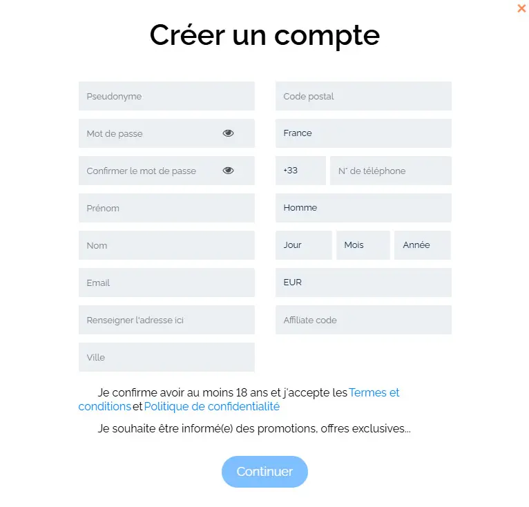 Processus d'inscription SUPERNOVA CASINO